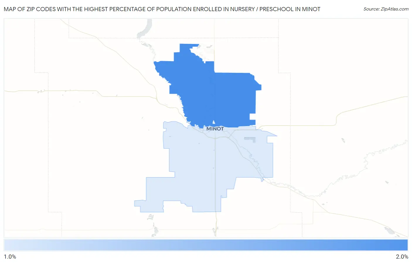 Zip Codes with the Highest Percentage of Population Enrolled in Nursery / Preschool in Minot Map