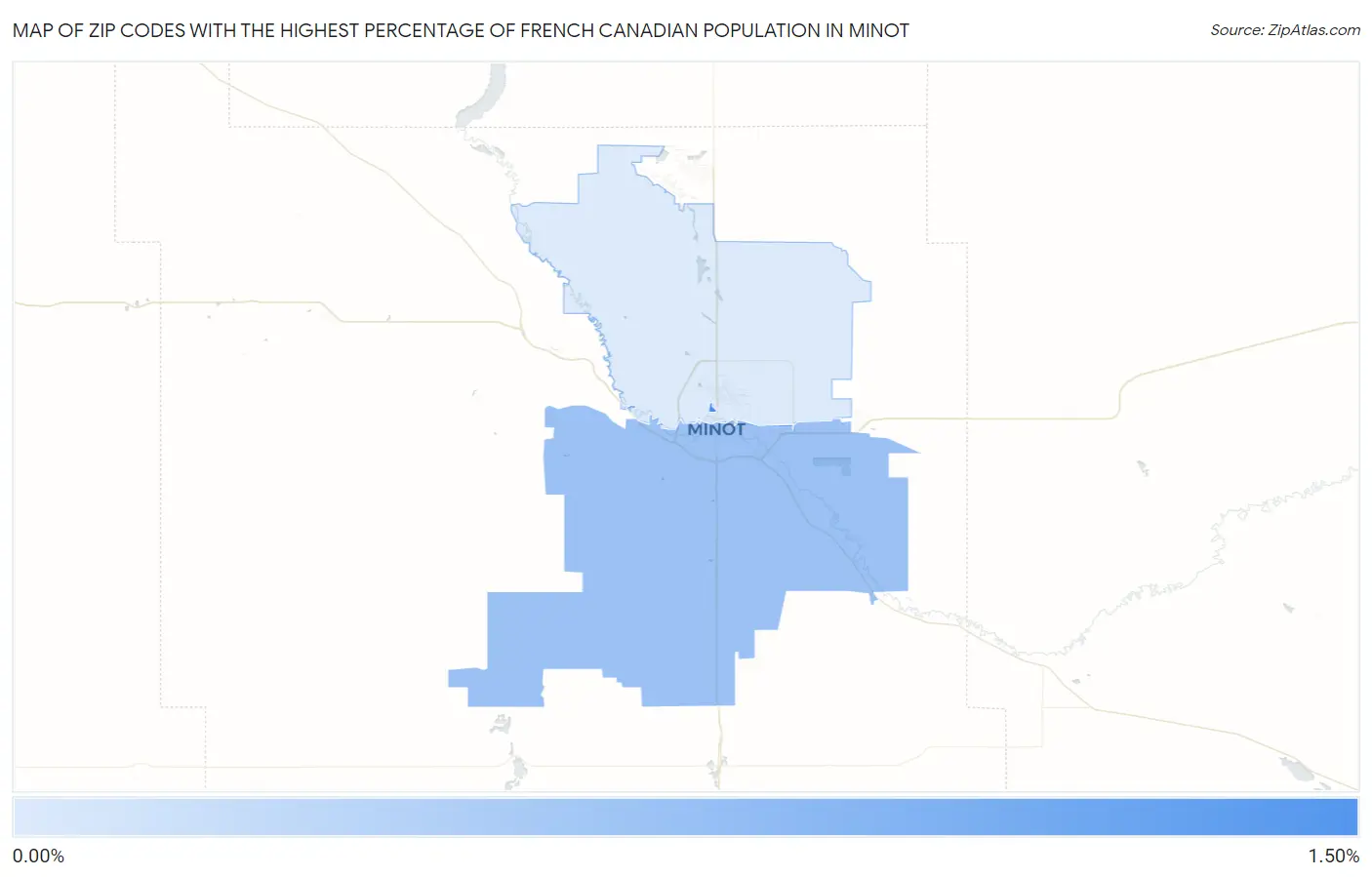 Zip Codes with the Highest Percentage of French Canadian Population in Minot Map