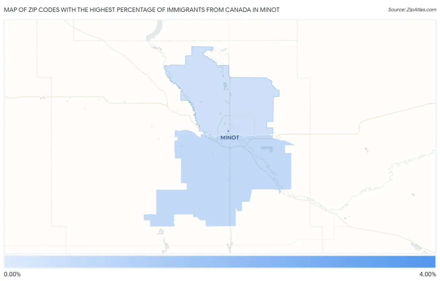 Zip Codes with the Highest Percentage of Immigrants from Canada in Minot Map