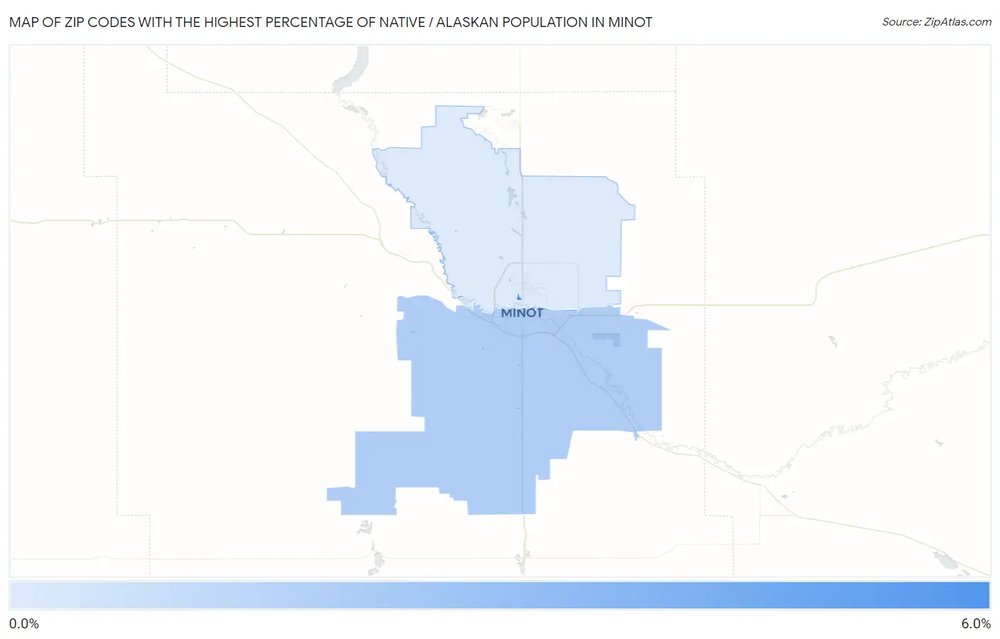 Zip Codes with the Highest Percentage of Native / Alaskan Population in Minot Map