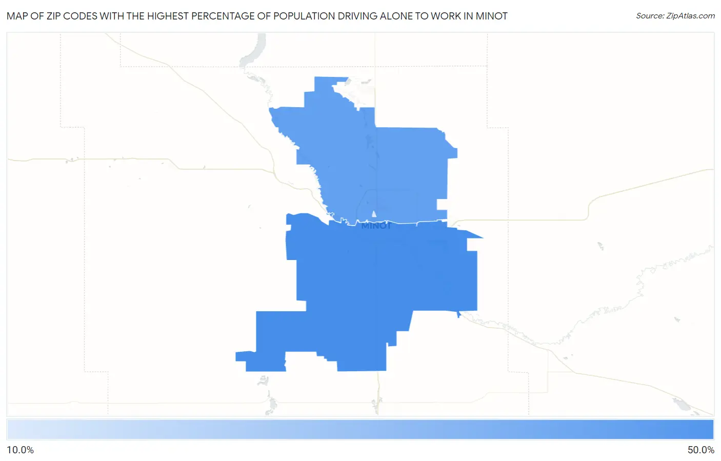 Zip Codes with the Highest Percentage of Population Driving Alone to Work in Minot Map
