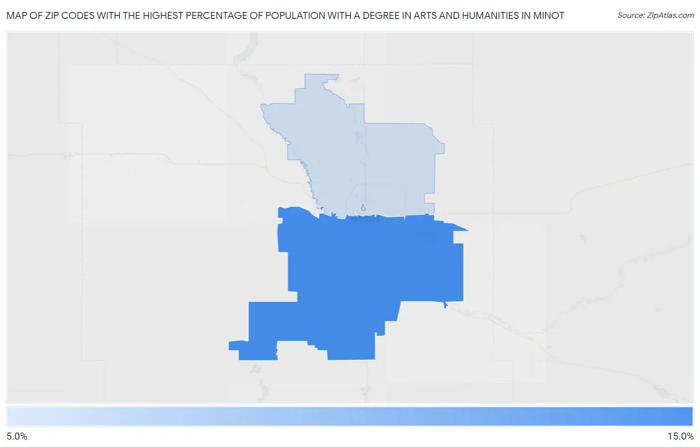 Zip Codes with the Highest Percentage of Population with a Degree in Arts and Humanities in Minot Map