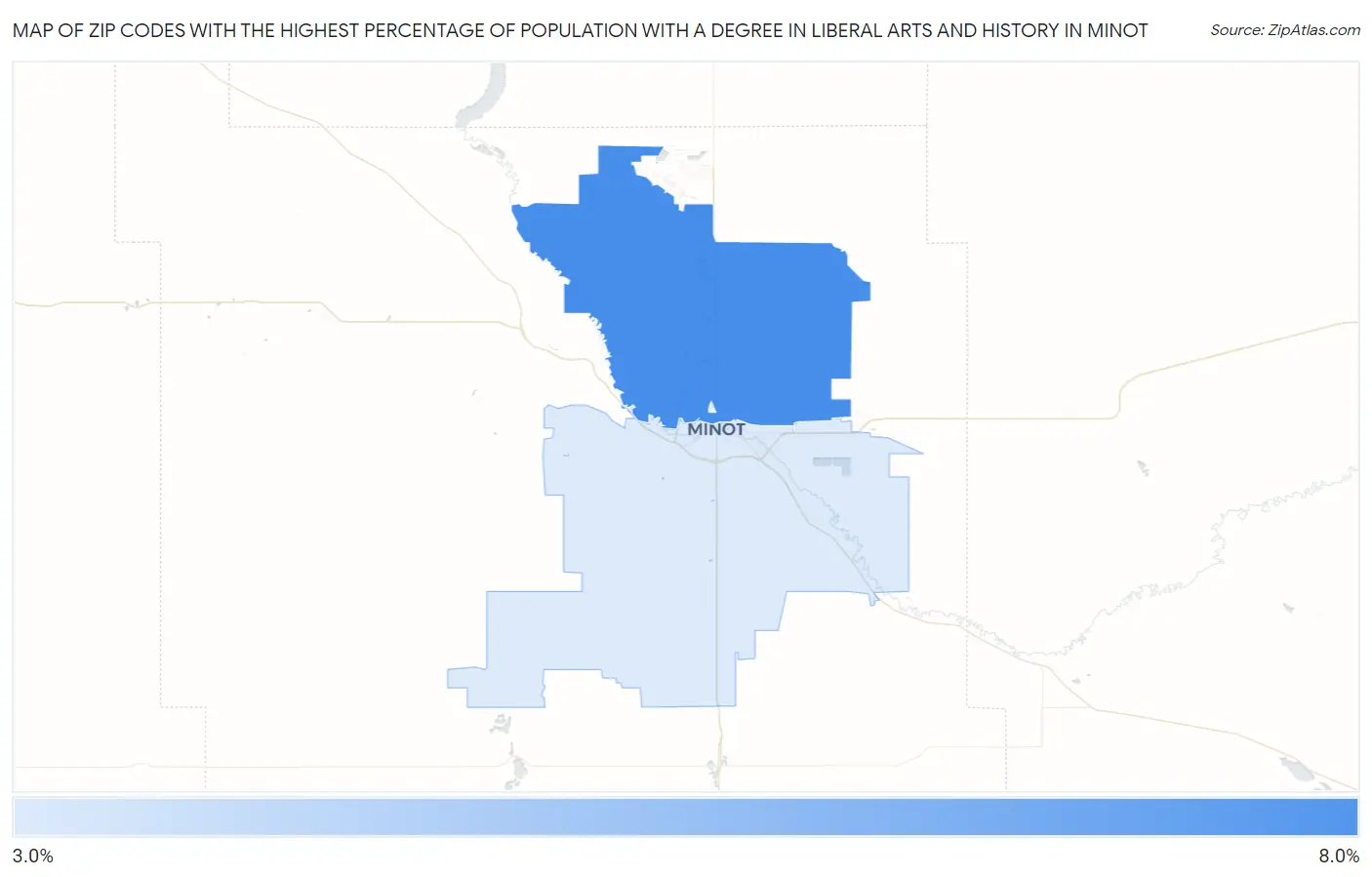 Zip Codes with the Highest Percentage of Population with a Degree in Liberal Arts and History in Minot Map