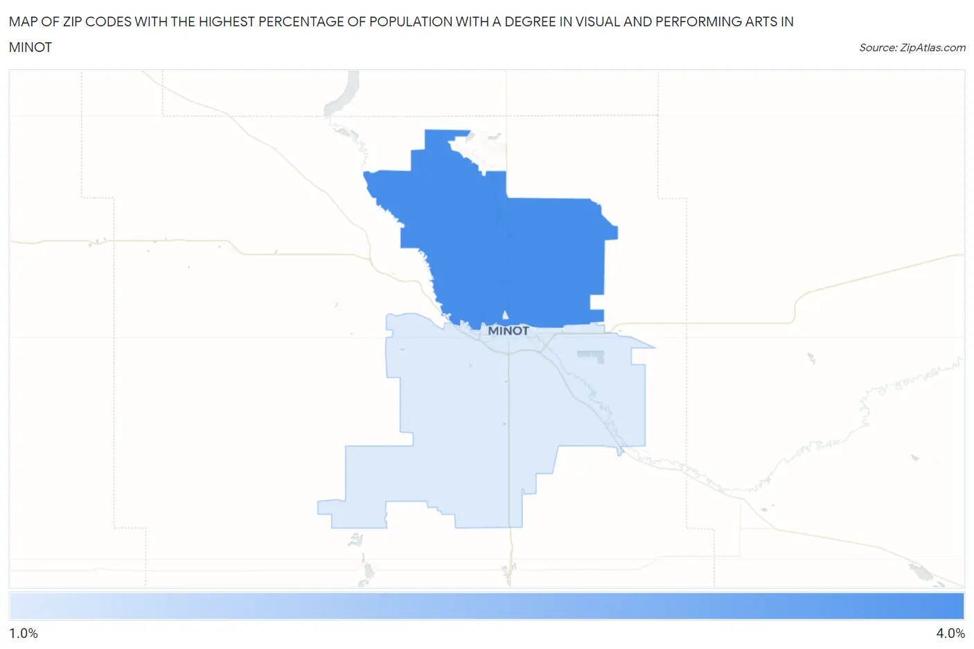 Zip Codes with the Highest Percentage of Population with a Degree in Visual and Performing Arts in Minot Map