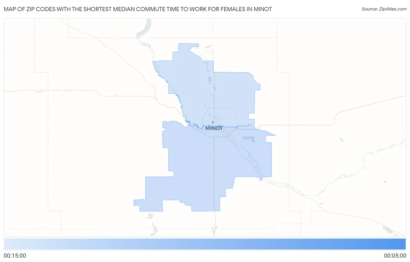 Zip Codes with the Shortest Median Commute Time to Work for Females in Minot Map