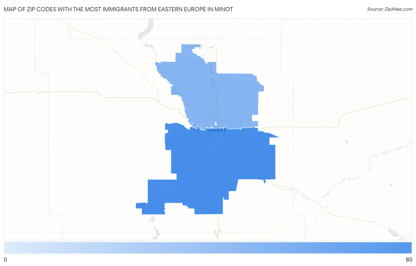 Zip Codes with the Most Immigrants from Eastern Europe in Minot Map