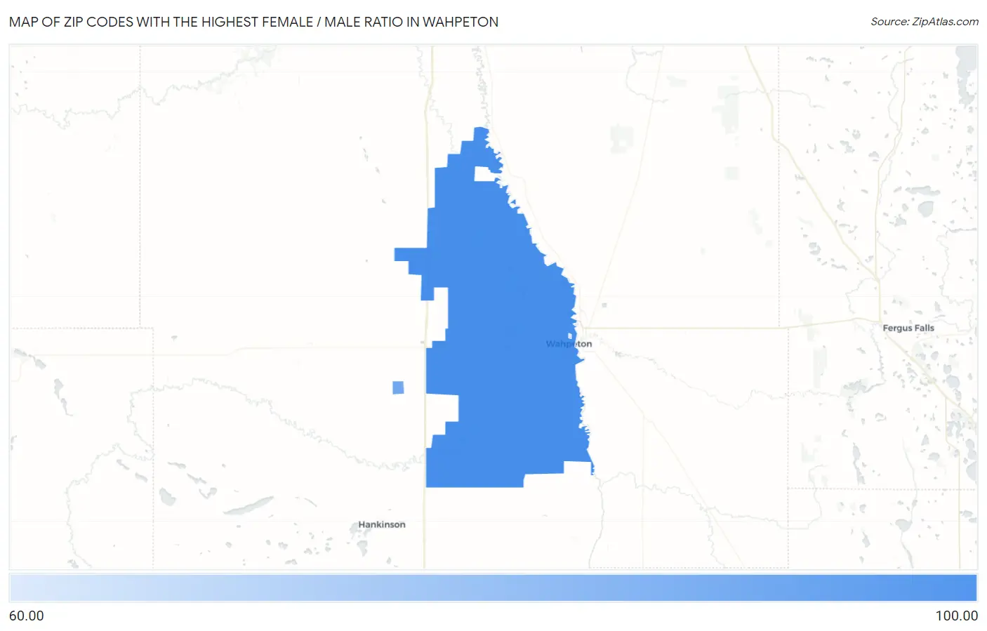 Zip Codes with the Highest Female / Male Ratio in Wahpeton Map