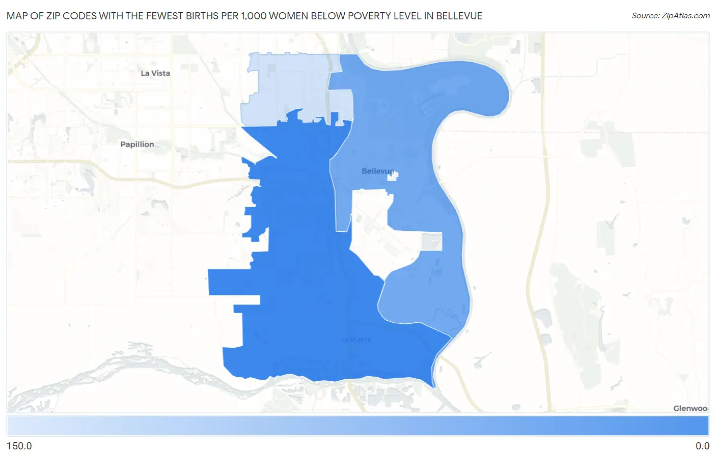 Zip Codes with the Fewest Births per 1,000 Women Below Poverty Level in Bellevue Map