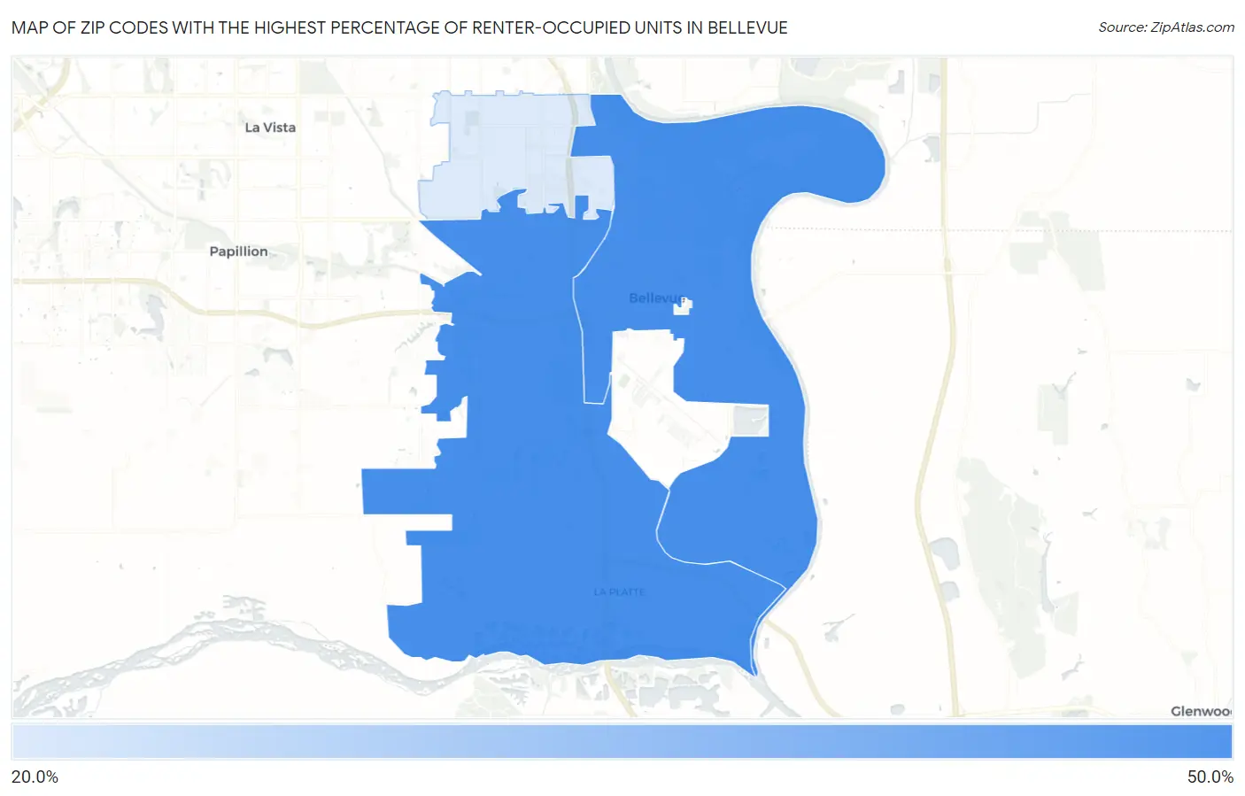 Zip Codes with the Highest Percentage of Renter-Occupied Units in Bellevue Map