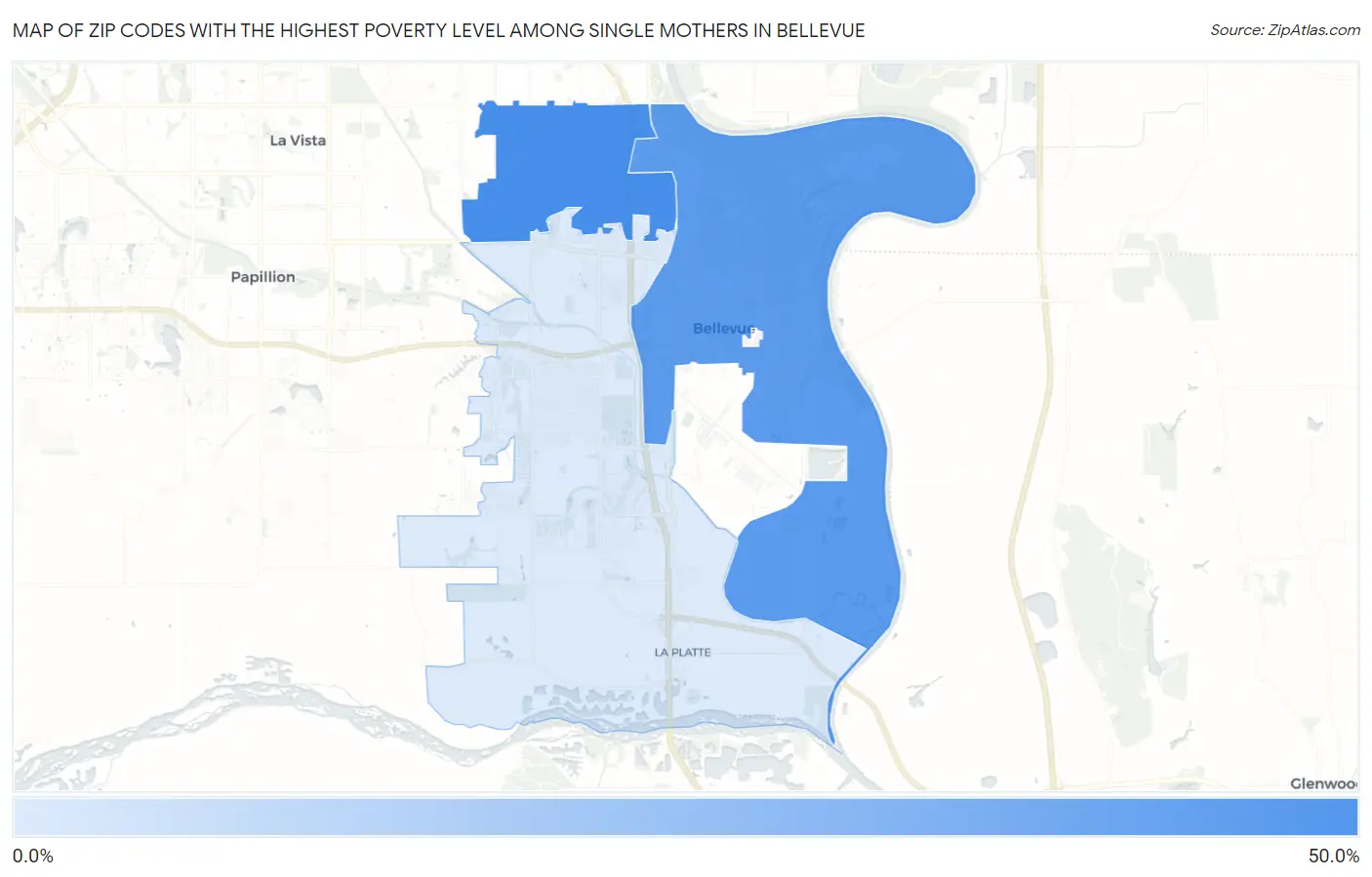 Zip Codes with the Highest Poverty Level Among Single Mothers in Bellevue Map