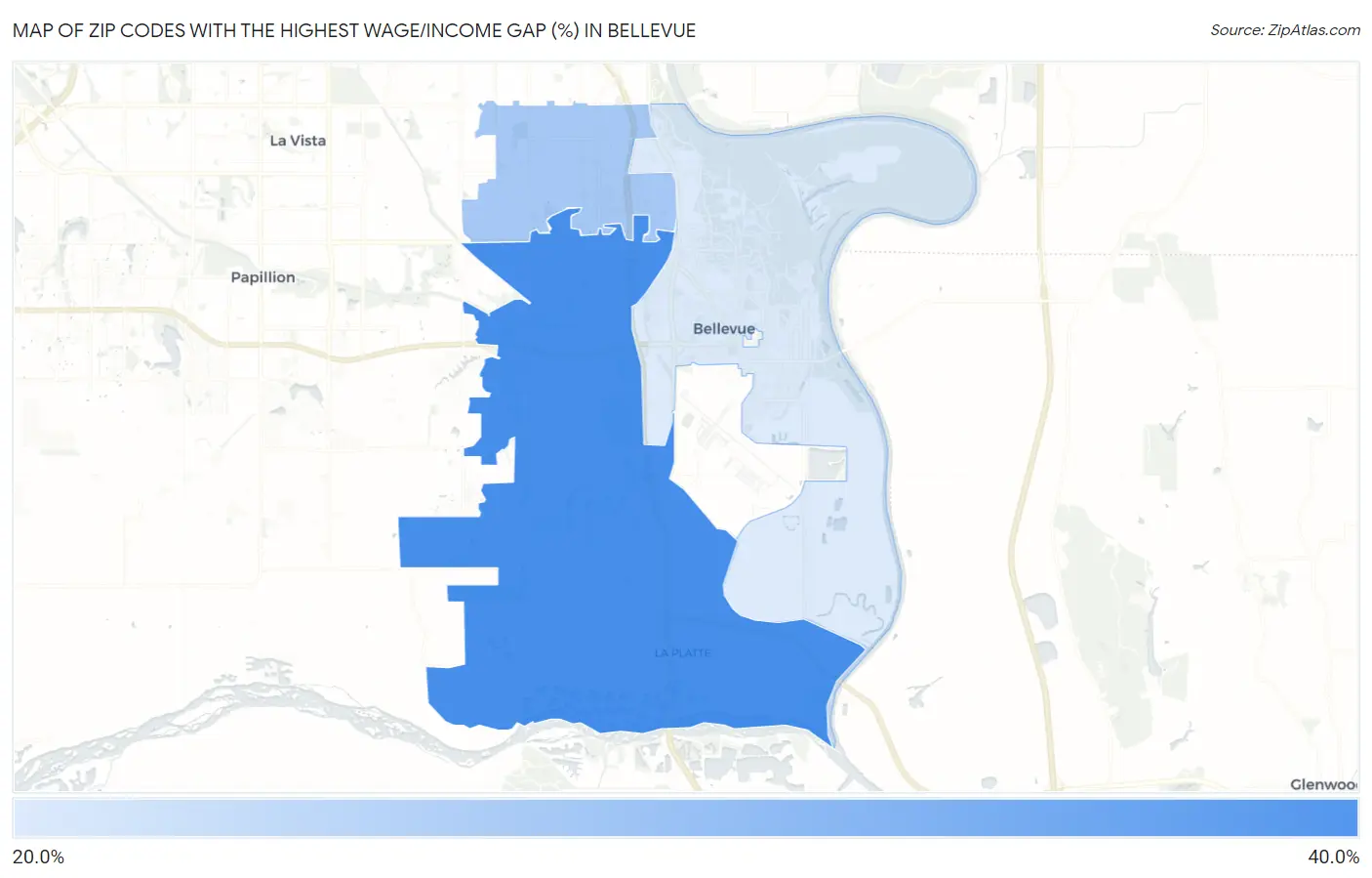 Zip Codes with the Highest Wage/Income Gap (%) in Bellevue Map