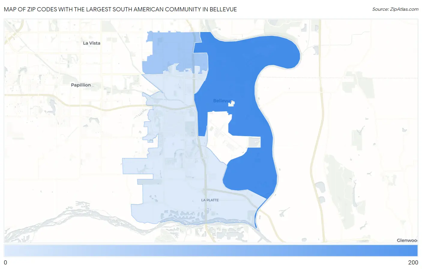 Zip Codes with the Largest South American Community in Bellevue Map