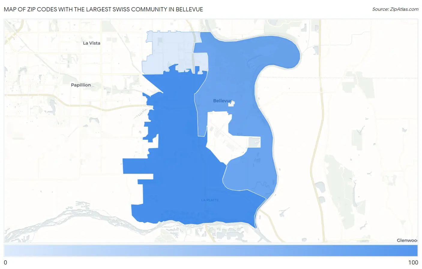 Zip Codes with the Largest Swiss Community in Bellevue Map