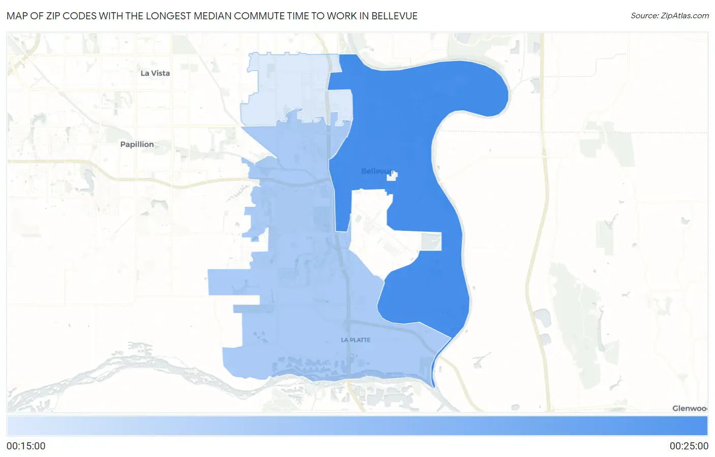 Zip Codes with the Longest Median Commute Time to Work in Bellevue Map