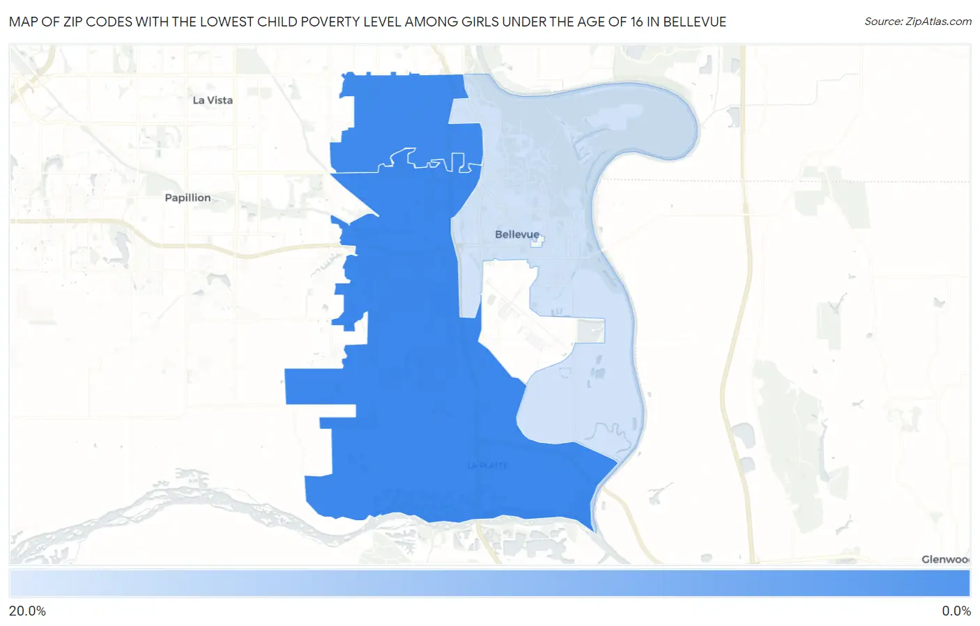 Zip Codes with the Lowest Child Poverty Level Among Girls Under the Age of 16 in Bellevue Map