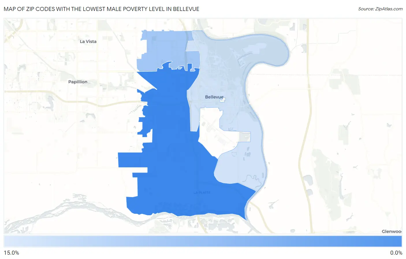 Zip Codes with the Lowest Male Poverty Level in Bellevue Map