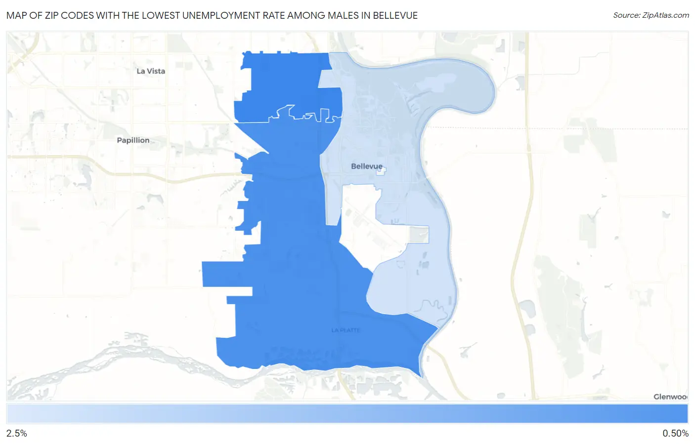Zip Codes with the Lowest Unemployment Rate Among Males in Bellevue Map