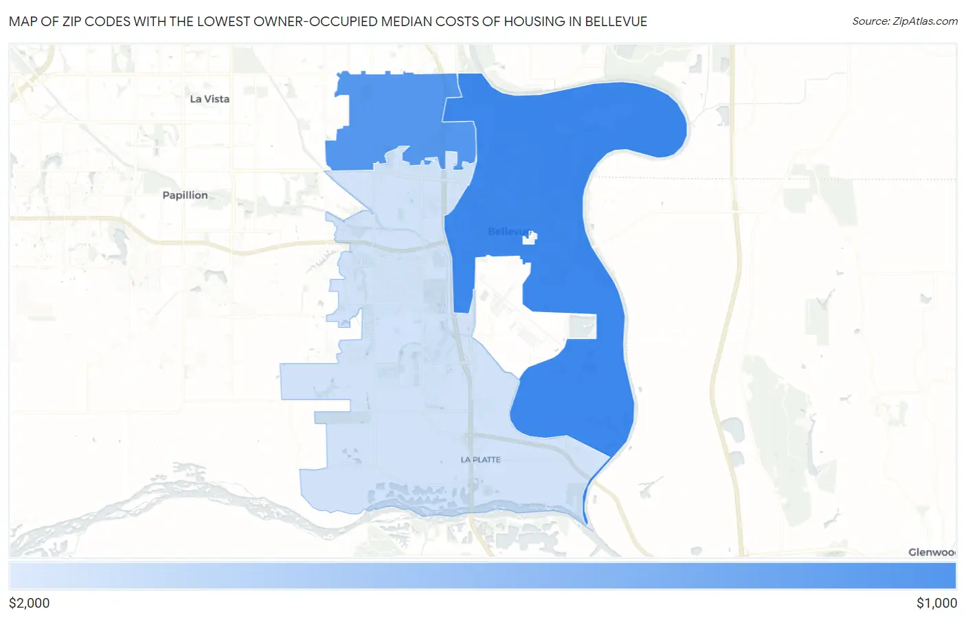 Zip Codes with the Lowest Owner-Occupied Median Costs of Housing in Bellevue Map