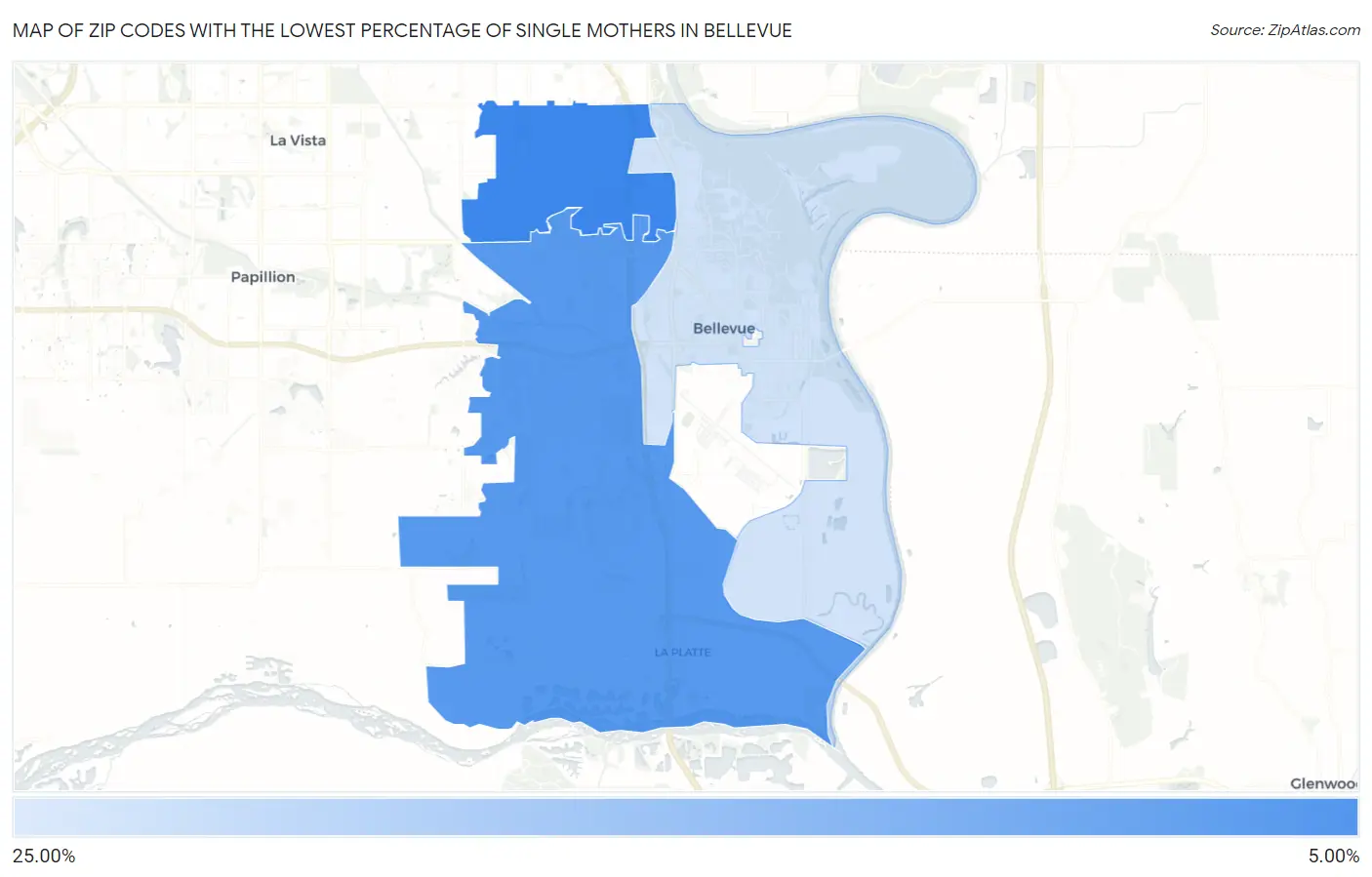 Zip Codes with the Lowest Percentage of Single Mothers in Bellevue Map