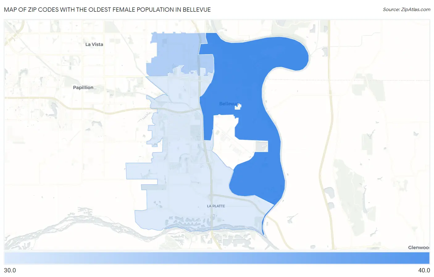 Zip Codes with the Oldest Female Population in Bellevue Map