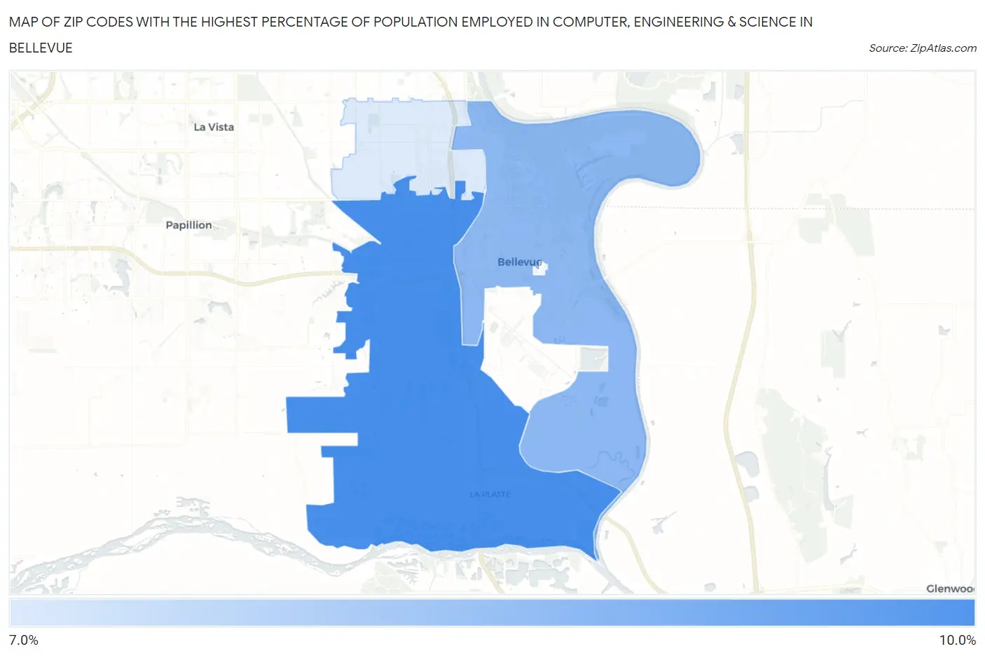 Zip Codes with the Highest Percentage of Population Employed in Computer, Engineering & Science in Bellevue Map