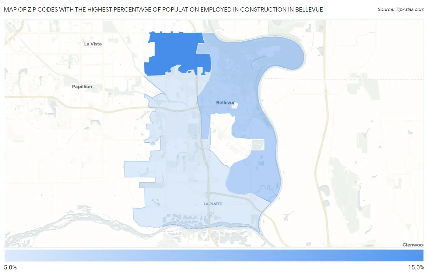 Zip Codes with the Highest Percentage of Population Employed in Construction in Bellevue Map