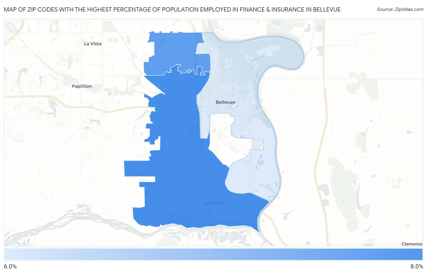 Zip Codes with the Highest Percentage of Population Employed in Finance & Insurance in Bellevue Map