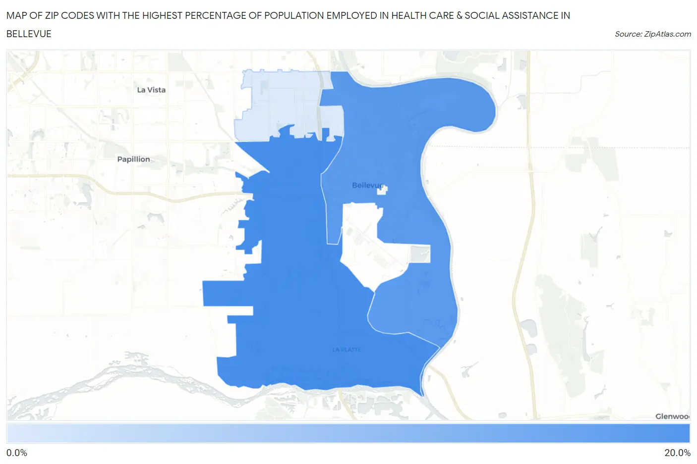 Zip Codes with the Highest Percentage of Population Employed in Health Care & Social Assistance in Bellevue Map