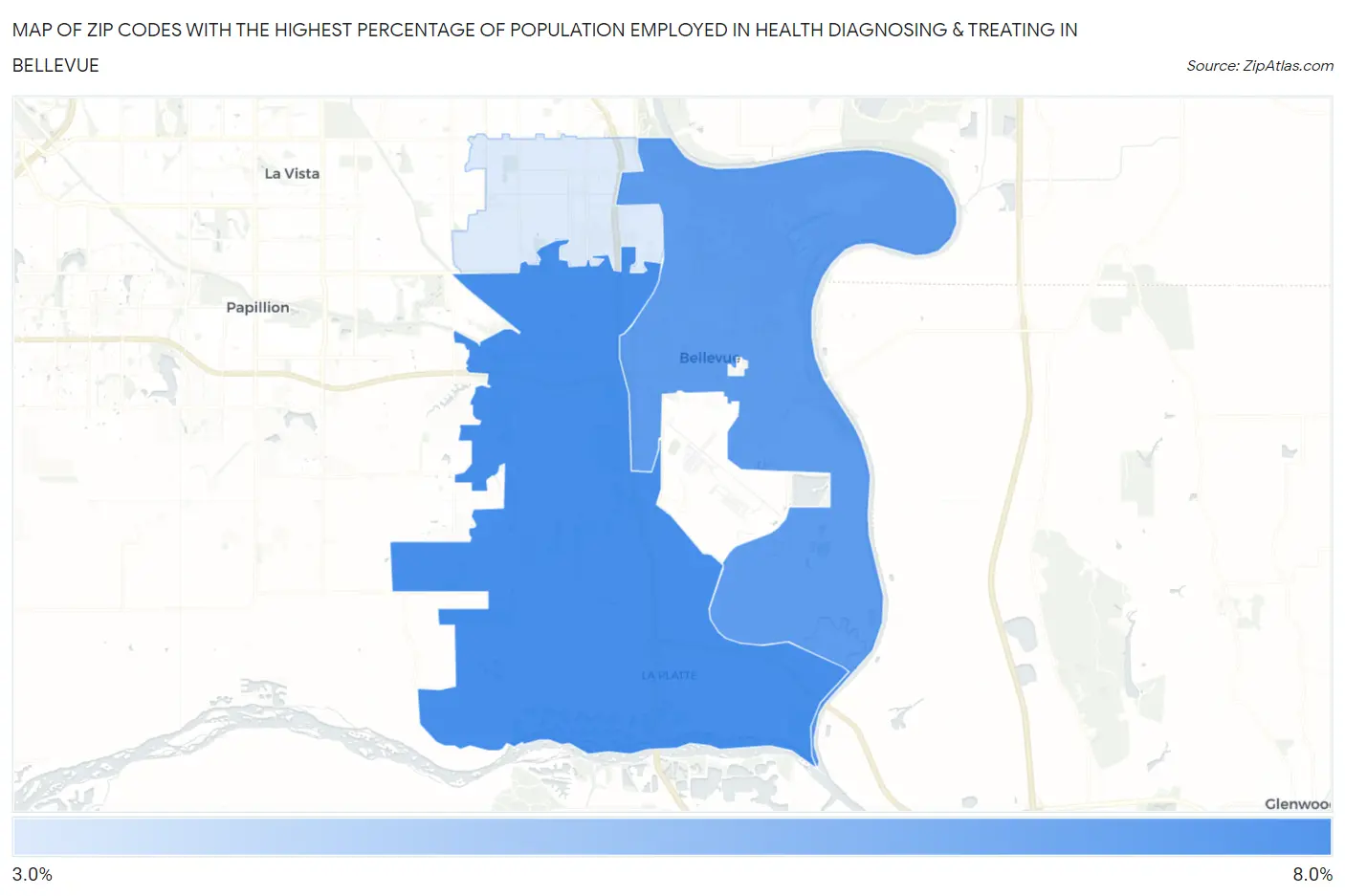 Zip Codes with the Highest Percentage of Population Employed in Health Diagnosing & Treating in Bellevue Map