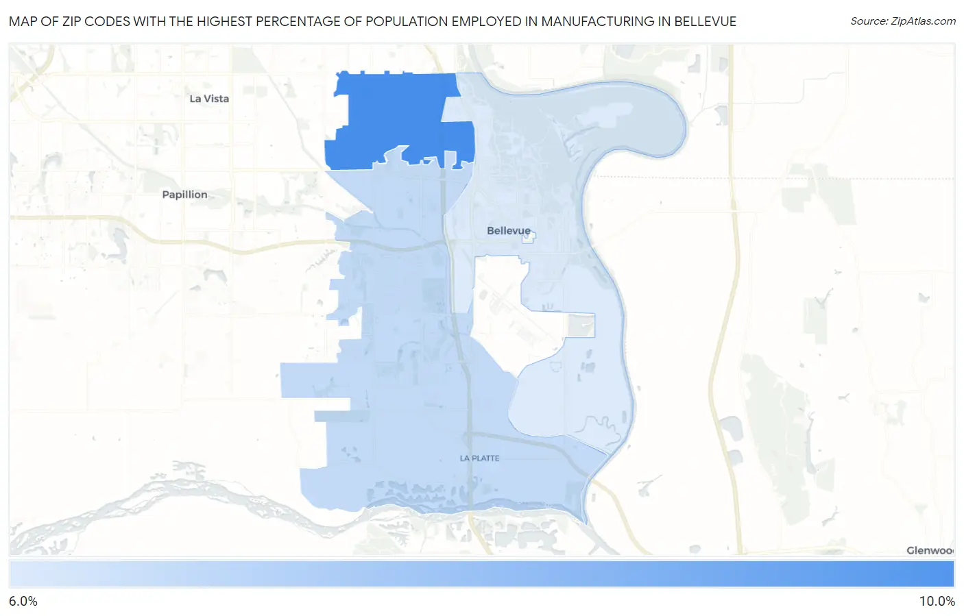 Zip Codes with the Highest Percentage of Population Employed in Manufacturing in Bellevue Map
