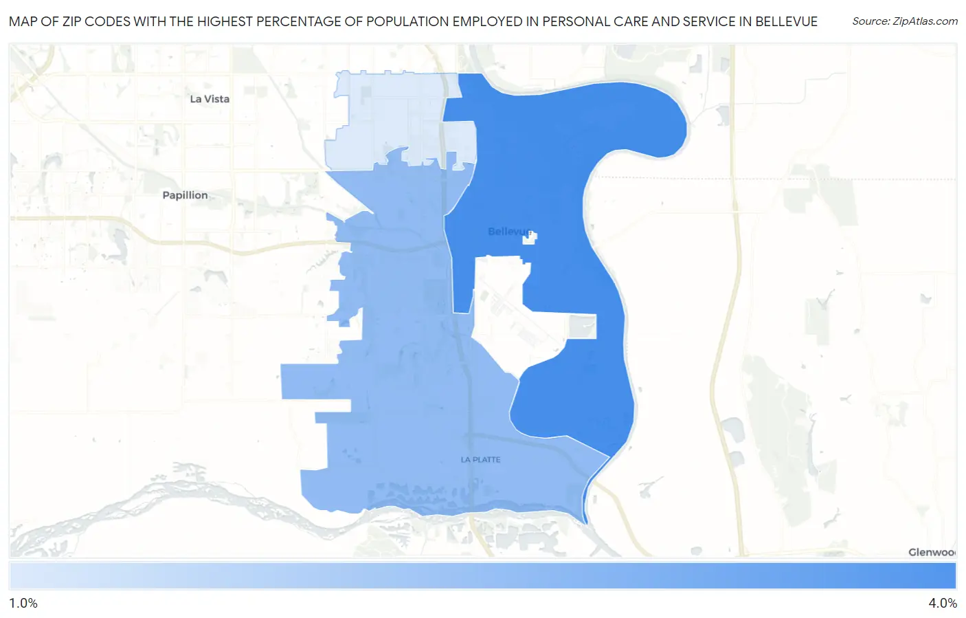 Zip Codes with the Highest Percentage of Population Employed in Personal Care and Service in Bellevue Map