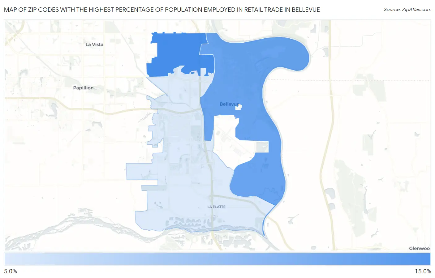 Zip Codes with the Highest Percentage of Population Employed in Retail Trade in Bellevue Map