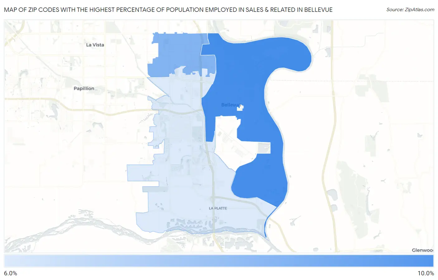 Zip Codes with the Highest Percentage of Population Employed in Sales & Related in Bellevue Map