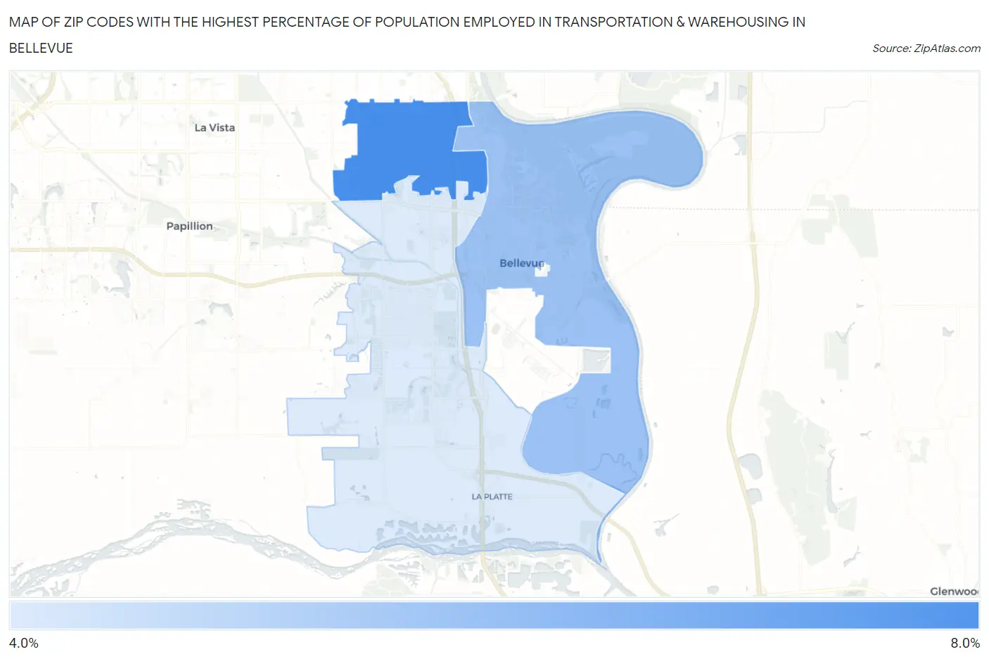 Zip Codes with the Highest Percentage of Population Employed in Transportation & Warehousing in Bellevue Map