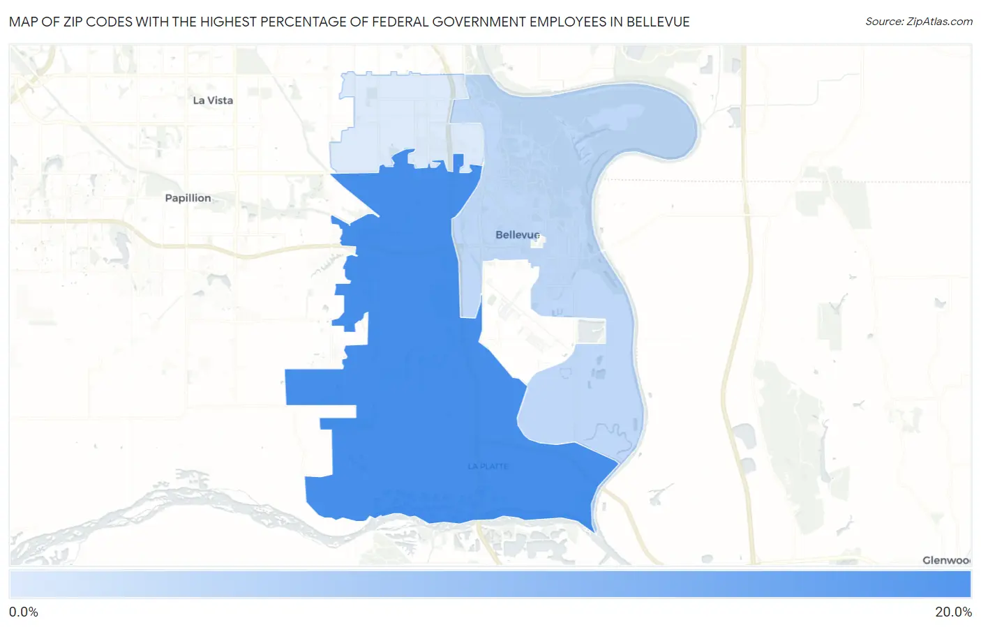 Zip Codes with the Highest Percentage of Federal Government Employees in Bellevue Map