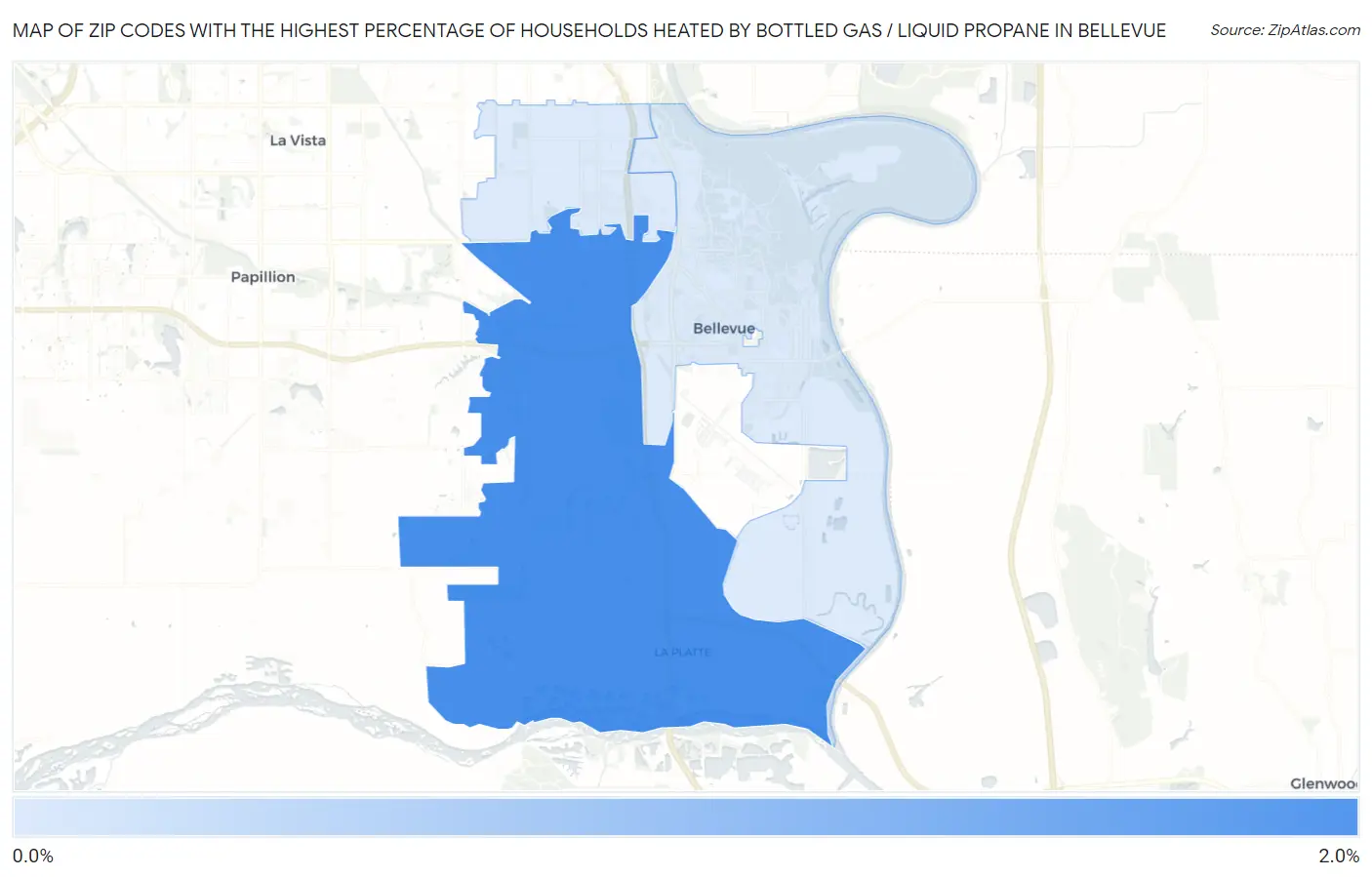 Zip Codes with the Highest Percentage of Households Heated by Bottled Gas / Liquid Propane in Bellevue Map