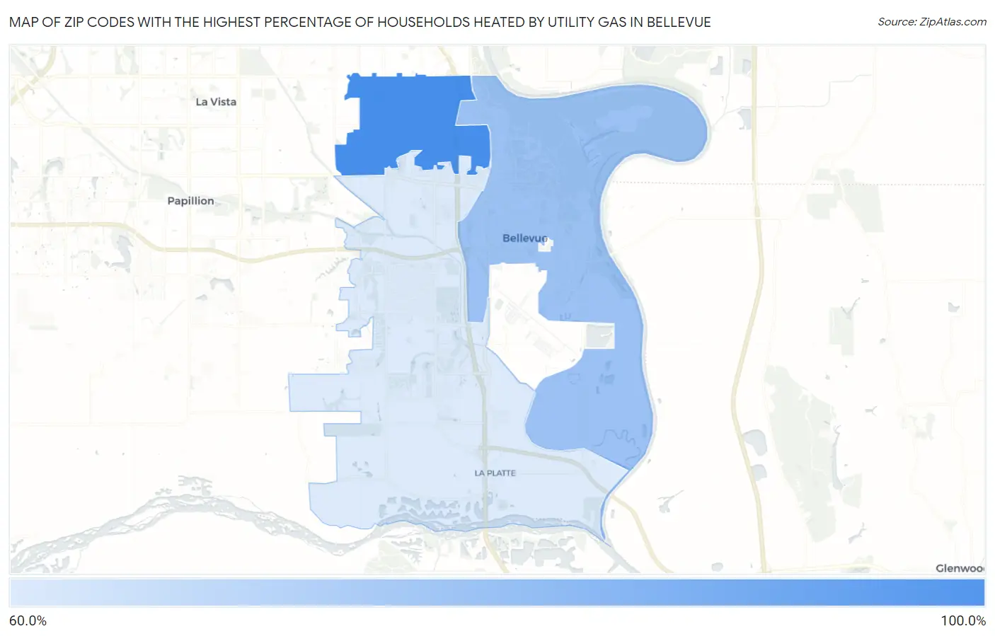 Zip Codes with the Highest Percentage of Households Heated by Utility Gas in Bellevue Map