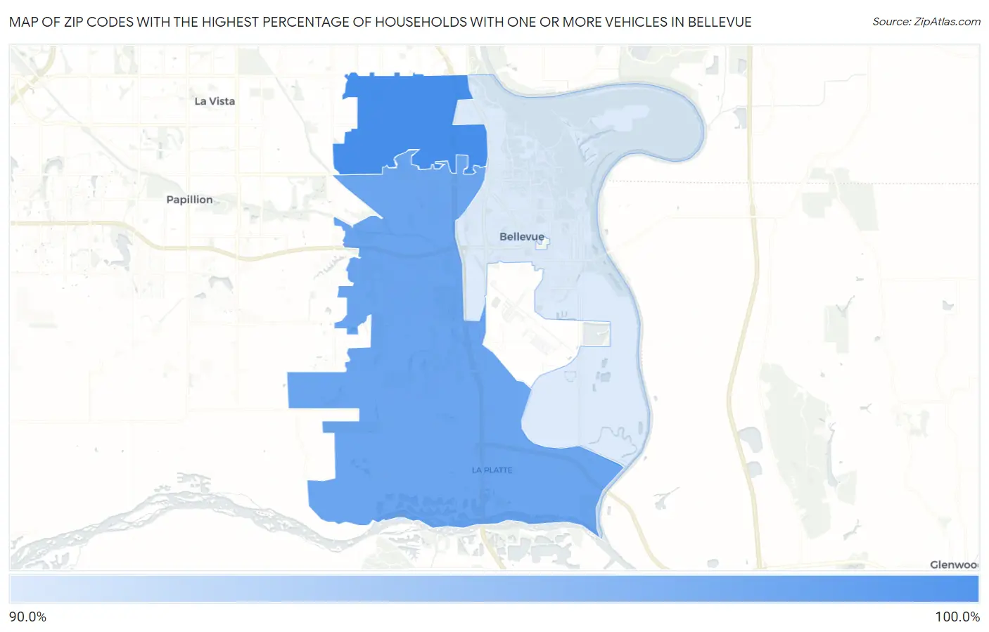 Zip Codes with the Highest Percentage of Households With One or more Vehicles in Bellevue Map