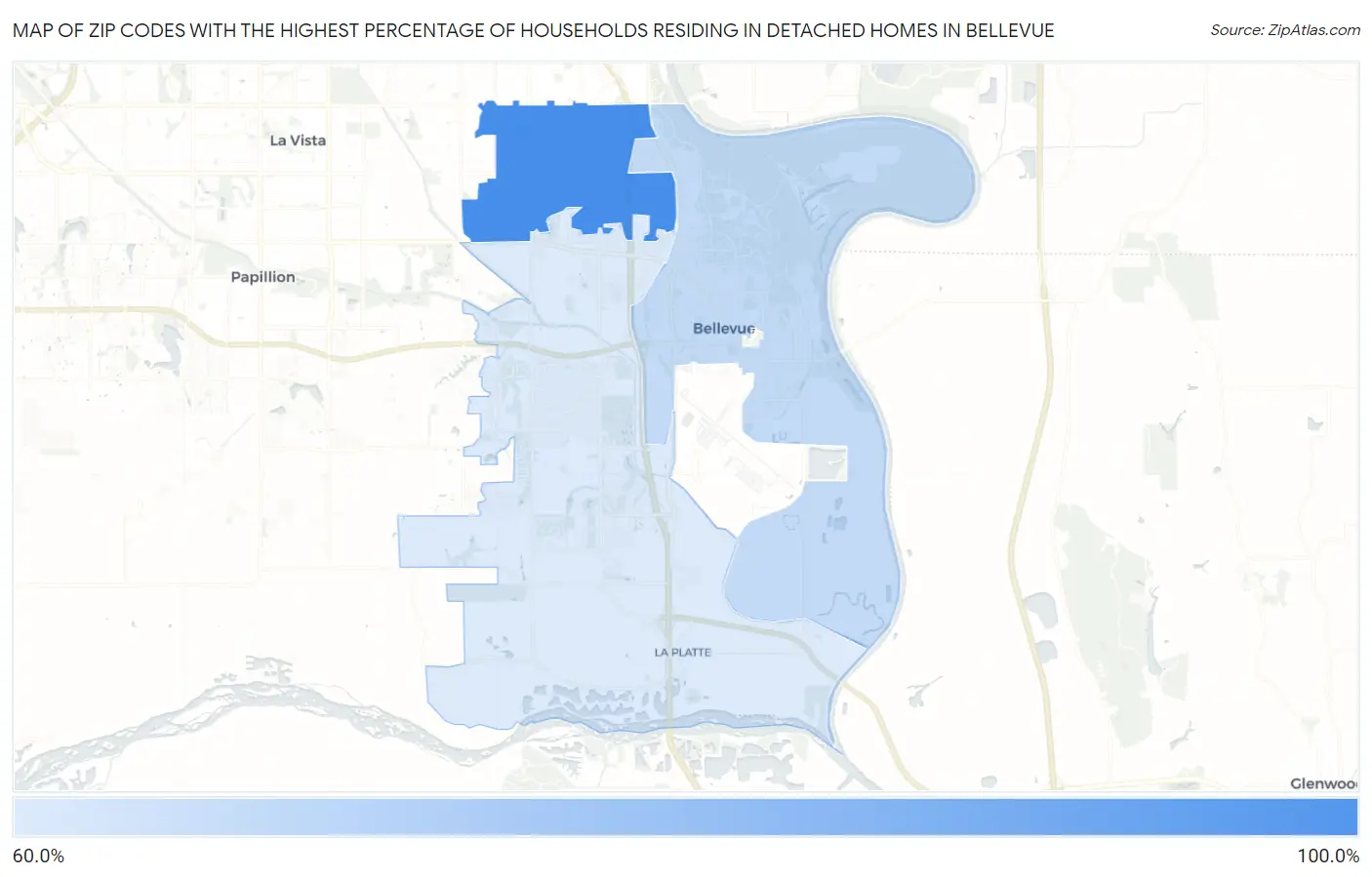 Zip Codes with the Highest Percentage of Households Residing in Detached Homes in Bellevue Map