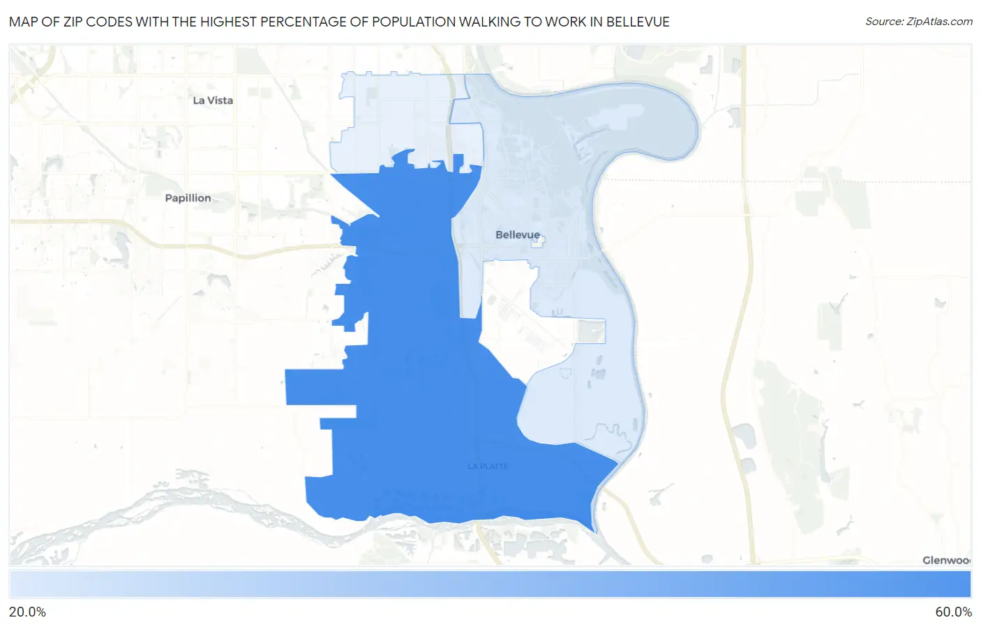 Zip Codes with the Highest Percentage of Population Walking to Work in Bellevue Map