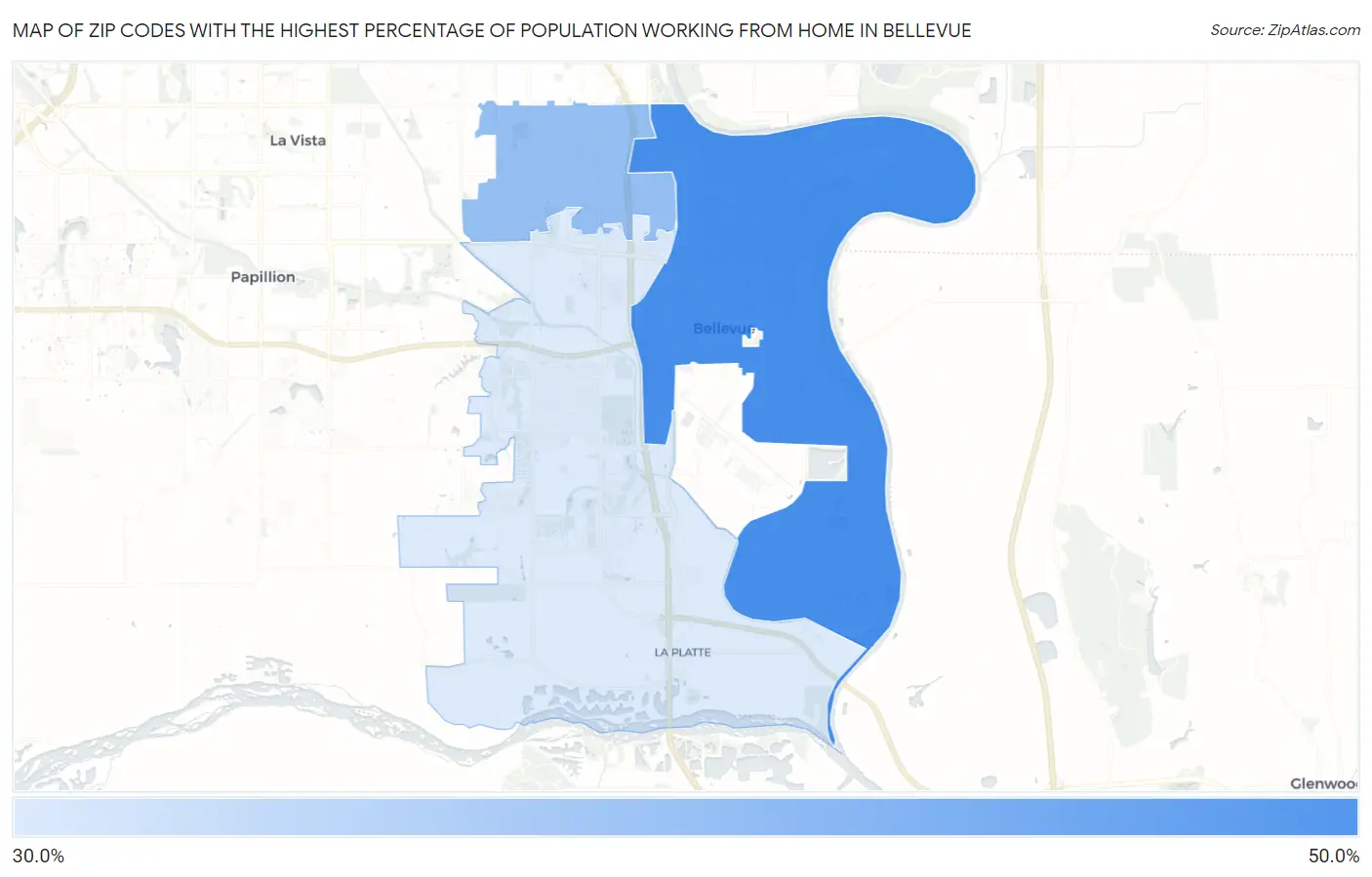 Zip Codes with the Highest Percentage of Population Working from Home in Bellevue Map