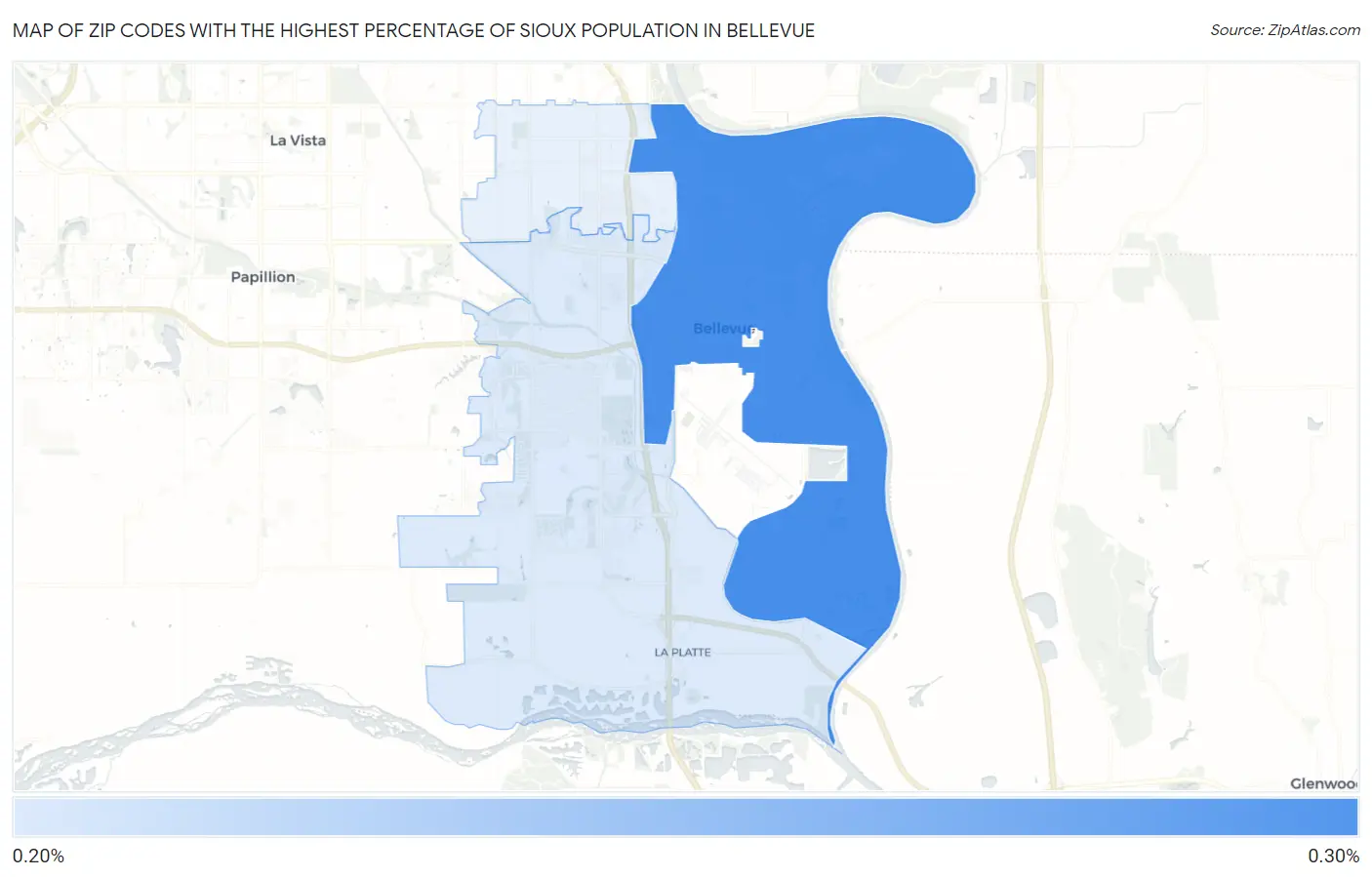 Zip Codes with the Highest Percentage of Sioux Population in Bellevue Map