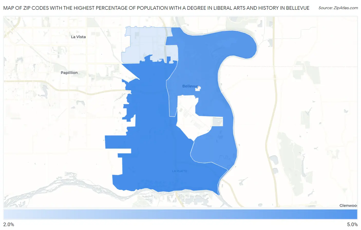 Zip Codes with the Highest Percentage of Population with a Degree in Liberal Arts and History in Bellevue Map