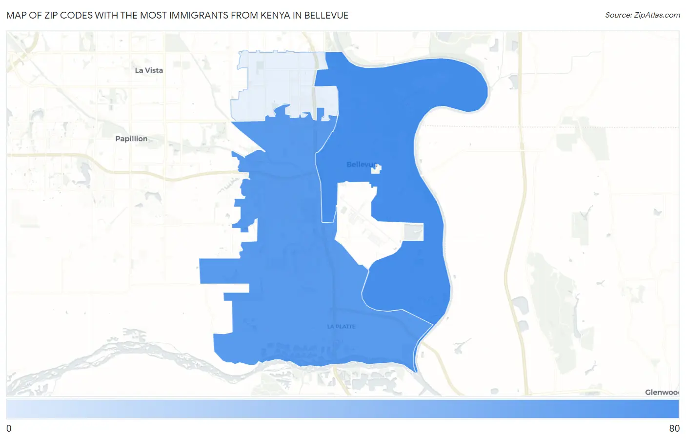 Zip Codes with the Most Immigrants from Kenya in Bellevue Map