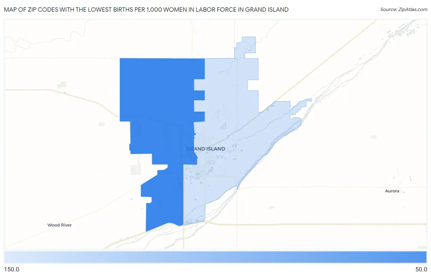 Zip Codes with the Lowest Births per 1,000 Women in Labor Force in Grand Island Map