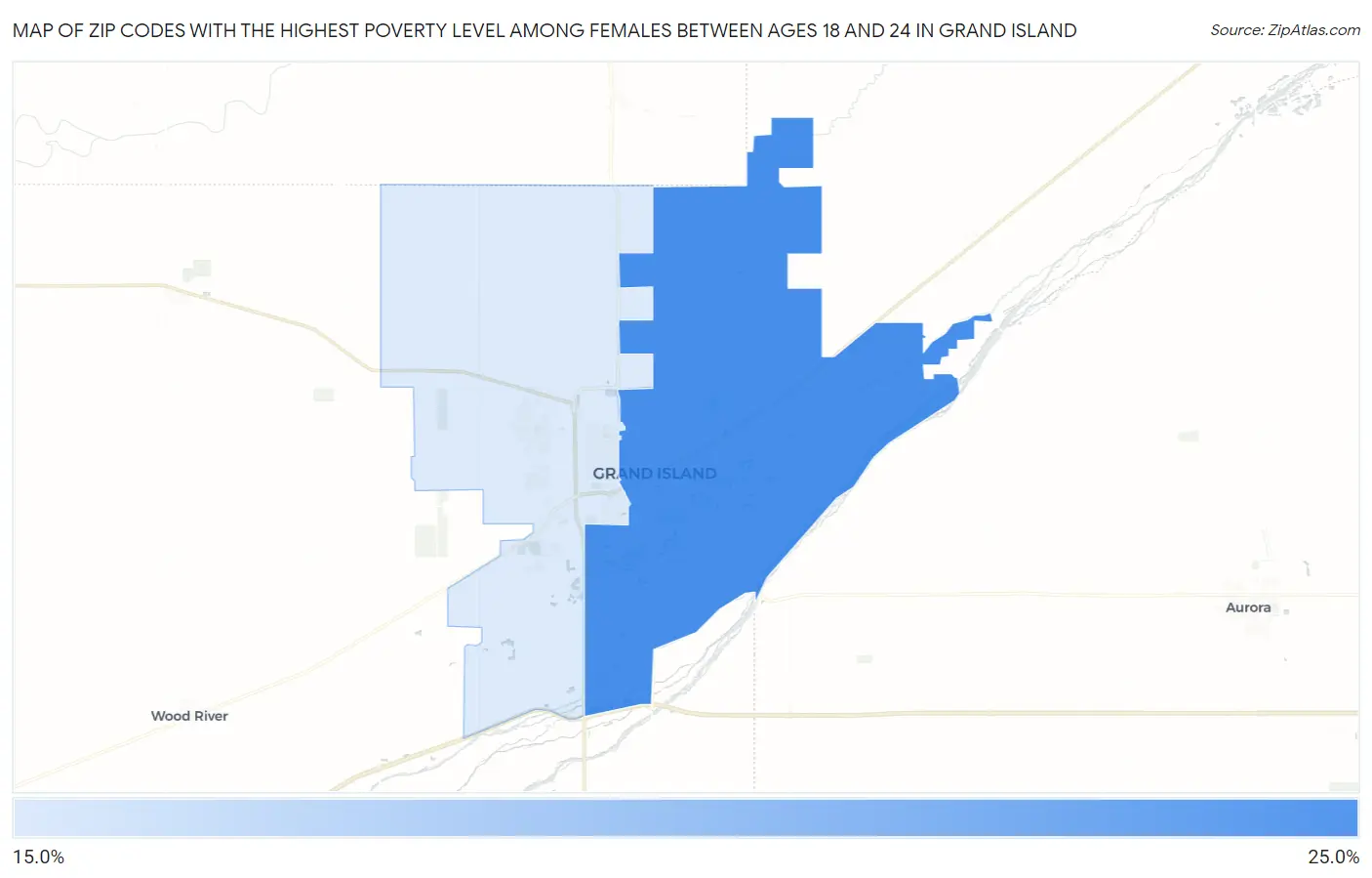 Zip Codes with the Highest Poverty Level Among Females Between Ages 18 and 24 in Grand Island Map