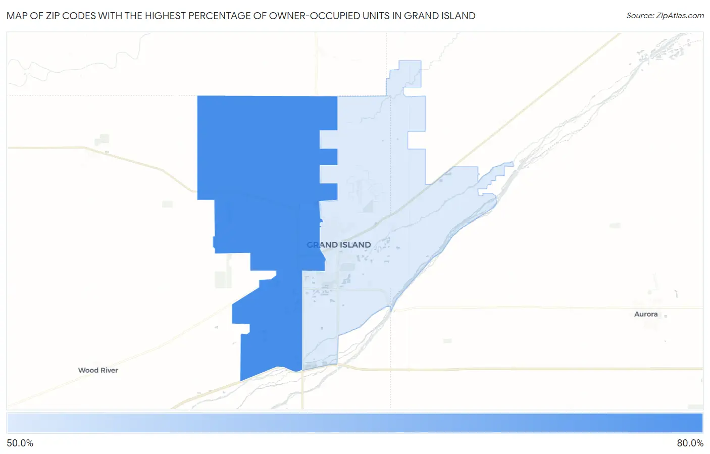 Zip Codes with the Highest Percentage of Owner-Occupied Units in Grand Island Map