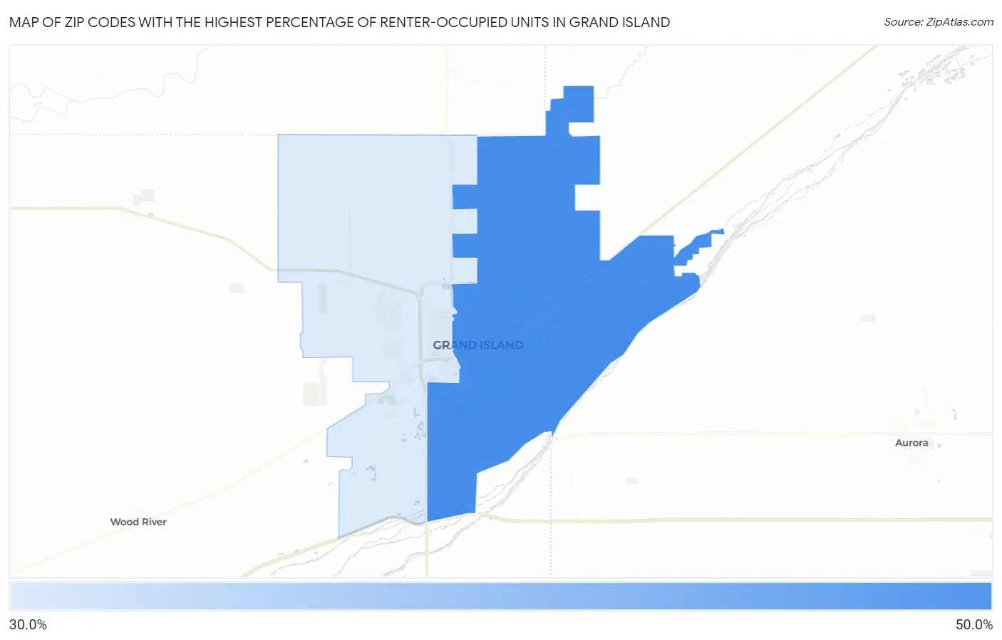 Zip Codes with the Highest Percentage of Renter-Occupied Units in Grand Island Map