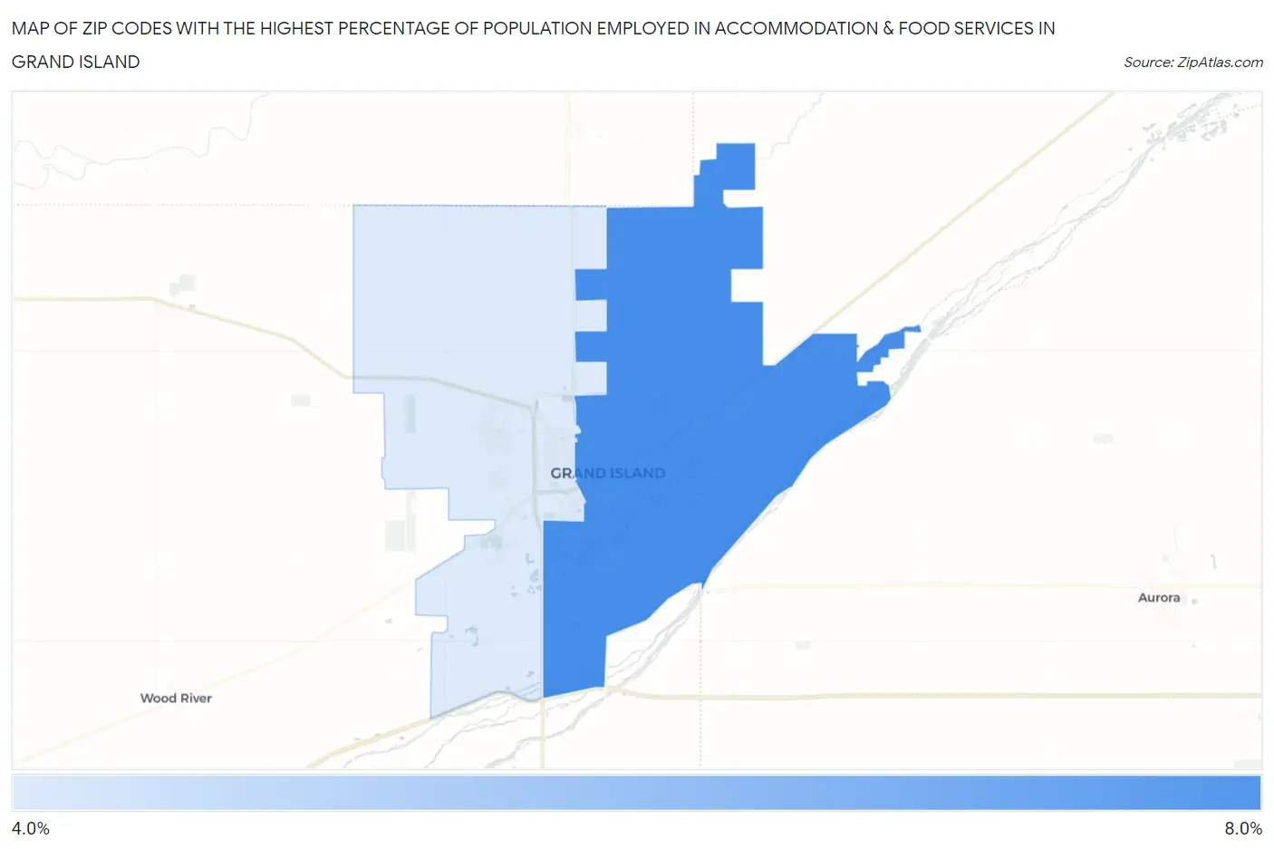 Zip Codes with the Highest Percentage of Population Employed in Accommodation & Food Services in Grand Island Map