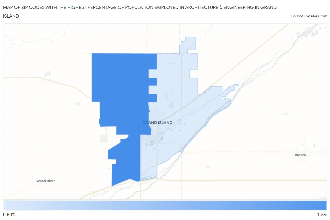 Zip Codes with the Highest Percentage of Population Employed in Architecture & Engineering in Grand Island Map